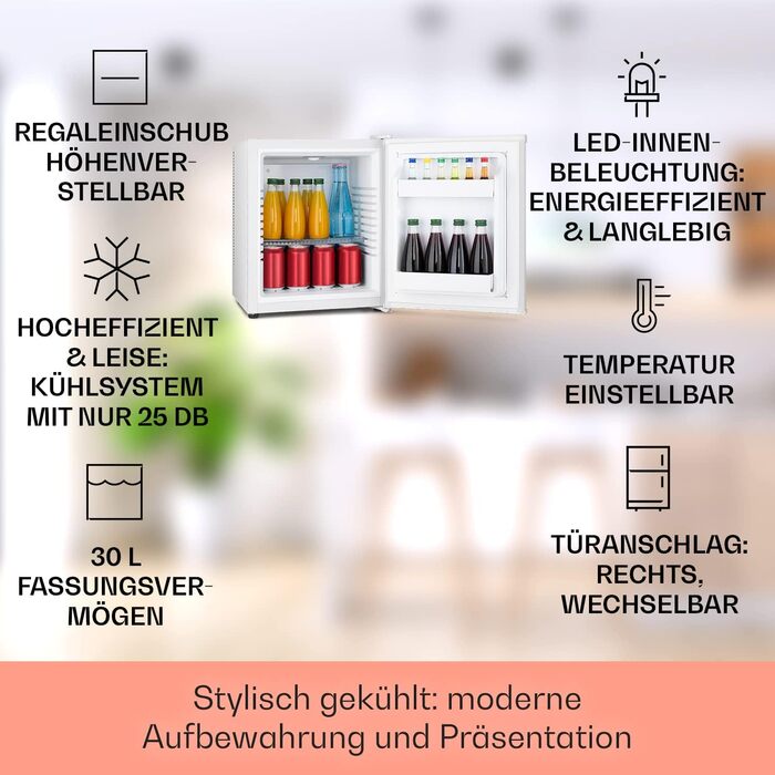 Klarstein Mini Fridge - 23L Compact Refrigerator for Drinks & Cosmetics - Quiet Mini Bar with Adjustable Shelf - Skincare Fridge 5-15°C (White)
