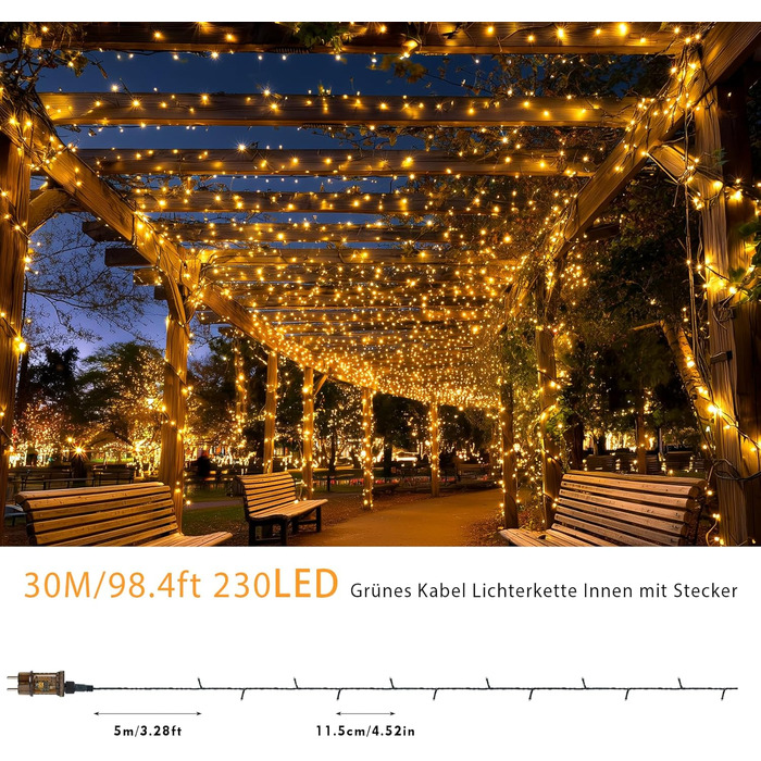 Ланцюжок прикрас для зовнішнього використання, 30м, 230 LED, з пульт дистанційного керування, таймер, 8 режимів, вологостійка гірлянда для декору ялинки, вечірки, саду, шлюбу, тепле біле світло