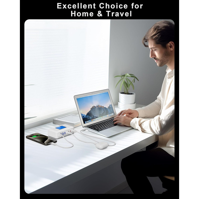 Зарядний пристрій RENGOGA 200W USB C GaN з 8 портами, LED дисплеєм, 65W USB-станція для iPad Pro/Air, MacBook, iPhone 16/15/14, Galaxy S24 - Білий