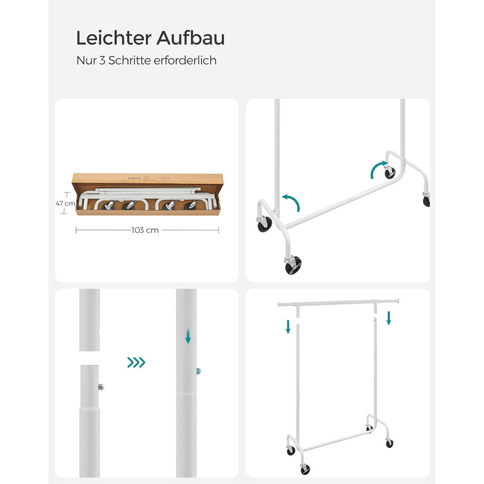 SONGMICS Clothes Rack with Wheels, Garment Rack, Heavy Duty, Extendable Clothes Rod, Holds up to 110 kg, 45 x (160-200) x 162.9 cm, Metal, Chrome, HSR176E01 ((110-150)B cm, Mattweiß)
