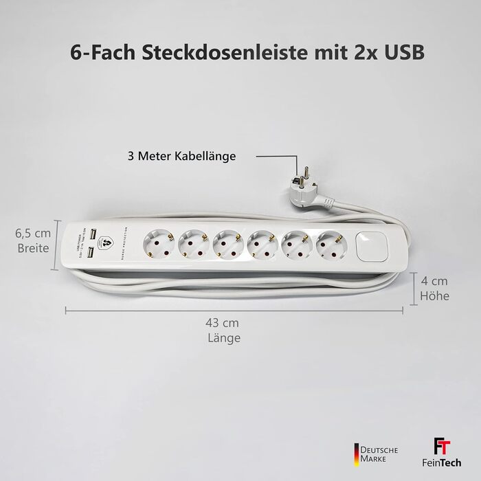 Розподільник розеток FeinTech MD000632 6-fach з USB, захистом від перенапруги, 3680 Вт, білий (6 розеток, 3 м кабель)