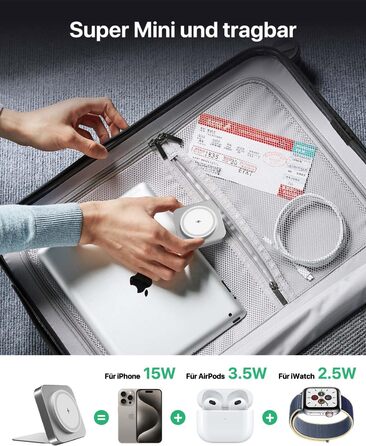 Бездротова зарядка MagSafe для Apple Watch та iPhone, сумісна з iPhone 16/15/14/13/12, iWatch, AirPods Pro 3/2 (срібна)