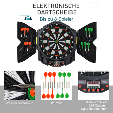 HOMCOM Електронна дартс-дошка Dartboard з дверцятами, 216 ігор, в комплекті 4 світлодіодних індикатори, 12 дротиків для до 8 гравців, ABS PP, 49x54,6x5,5 см