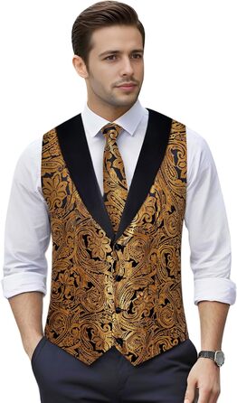 Костюм-жилет DiBanGu для чоловіків, шовковий жаккард, жилет та краватка, комплект з жабо, для смокінгу, весілля, свят, 7 предметів, золото та чорний