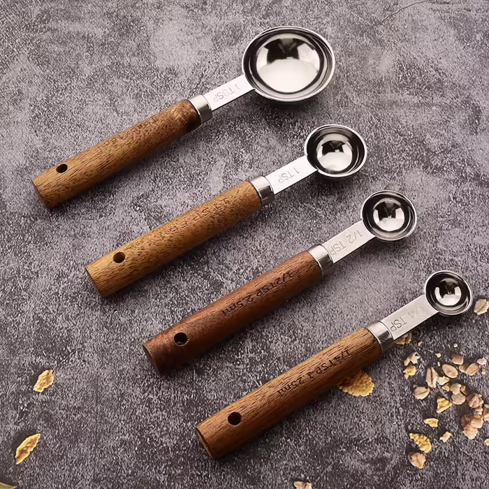 8-Piece Silver Measuring Cup Set and Measuring Spoon Set with Scale, BRIIEC Wooden Handle, Stainless Steel, Dry and Liquid Measuring Cups for Cooking, Baking