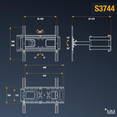 Кріплення для телевізора RICOO R23-S, поворотне, настінне, для телевізорів 31-65 дюймів, до 95 кг, VESA 400x400