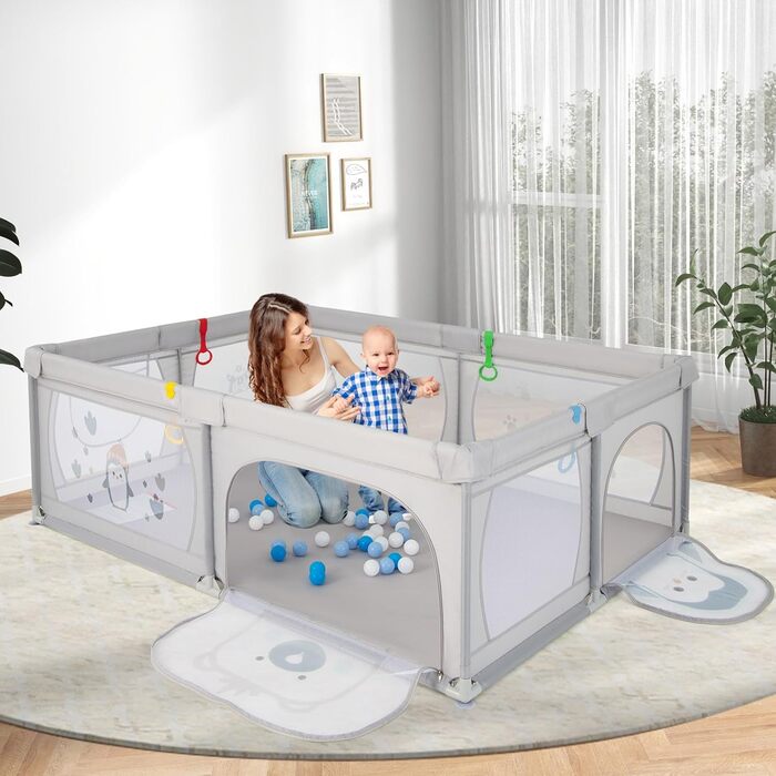 COSTWAY 205 x 147cm Playpen Baby foldable, Playard with 50 balls, 2 doors, side pocket, breathable mesh & zipper, playpen tent for infants & toddlers (Gray-Penguins) Gray-Penguins Without mattress