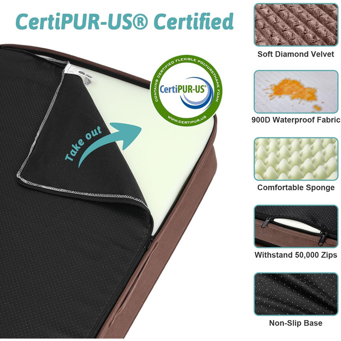 Ортопедичне ліжко для собак, маленьких порід, вологостійке, з бортиками, з підтримуючого пінополіуретану, зручне, знімний, пральний чохол, вологостійке дно, неслизьке (M, 91x69x19 см, Колір: Коричневий)