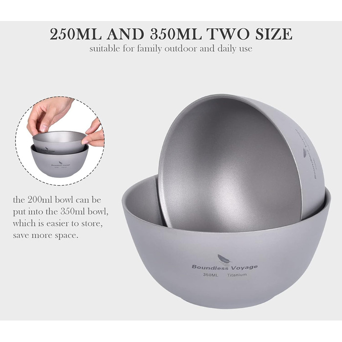 iBasingo Titan Bowl Rice Soup Cup Outdoor Camping Dinnerware 350ml Lightweight Double-Walled Round Bowl Tableware for Travel Hiking Home Ti1094T 350ml -Ti1094t