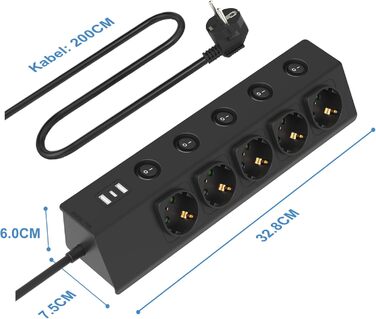 Багаторозкладна мережева розетка з USB, 5-портова, з індивідуальними вимикачами, для кухні, зі сталевою передньою панеллю, кабель 2м