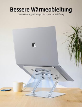 Підставка для ноутбука Ergonomic з алюмінію, регульована по висоті та складна, стабільна та з неслизьким покриттям, покращена вентиляція, сумісна з MacBook (до 15,6 дюймів), срібна