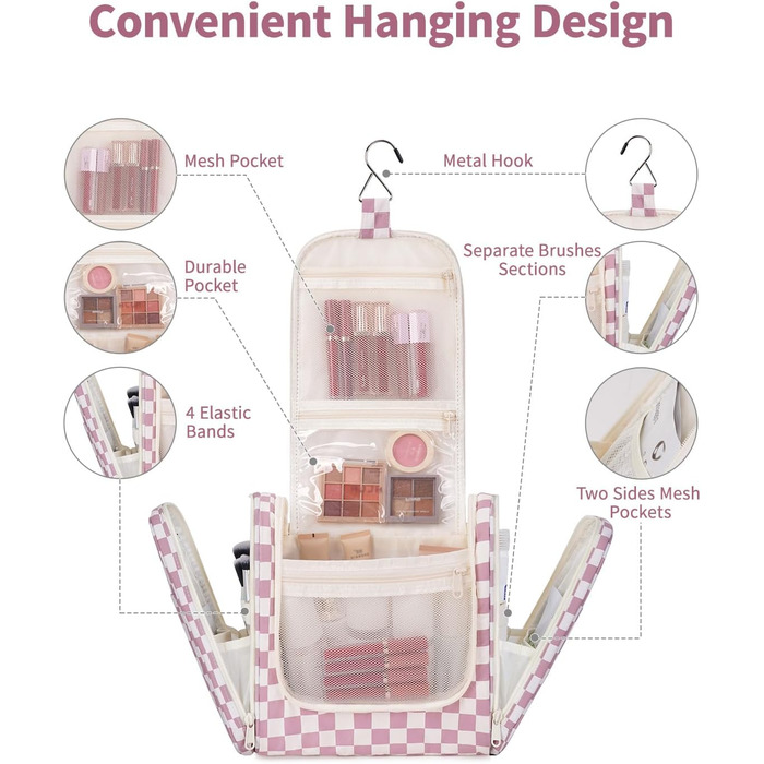 Сумка для косметики жіноча та чоловіча на блискавці, підвісна, водонепроникна (блакитний лист, сітка рожева)