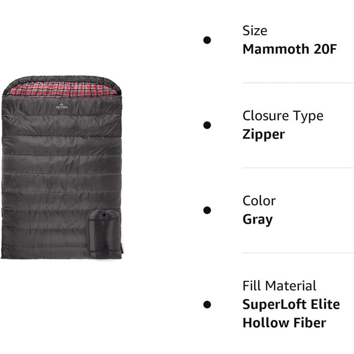 Сплячий мішок TETON Sports Celsius Regular, флісова підкладка, -18°C, 203 x 84 см (Сірий)