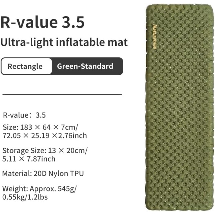 Килимок для кемпінгу Naturehike Ultraleichte 3.5R, самонадувний, для трекінгу, походів, альпінізму, рюкзаків (зелений)