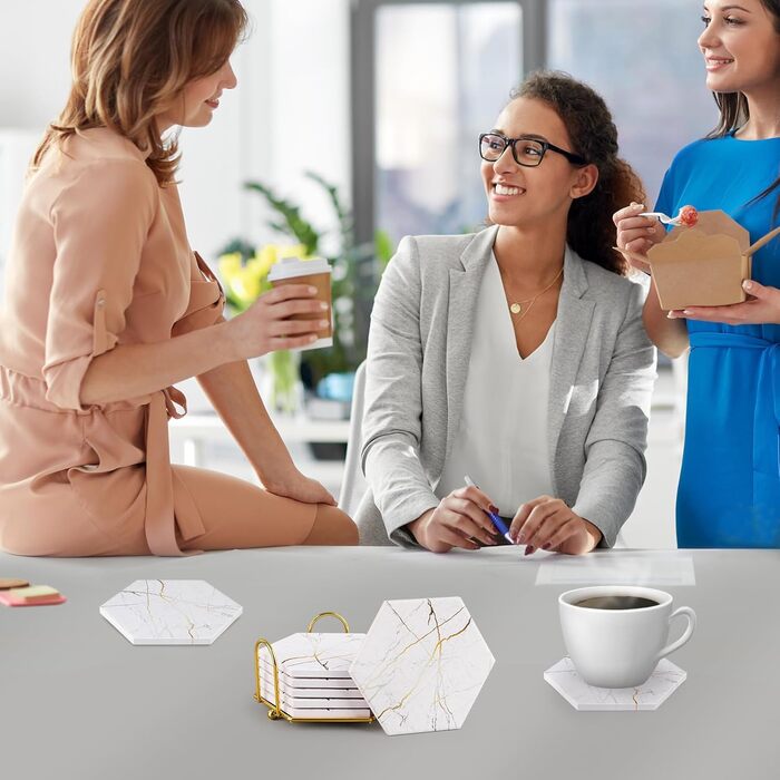 Marble-Style Coasters, Set of 6 - Drink Coasters for Wood Table with Metal Holder - Gold-Colored Ceramic Cup Set - Rustic Home Decor, Room Decor, Party (Luxury White Gold Marble 05)