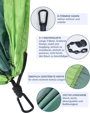 Гамак для кемпінгу Signstek, 270 x 140 см, вантажопідйомність 300 кг, ультралегкий нейлон, для відпочинку на природі, зелений