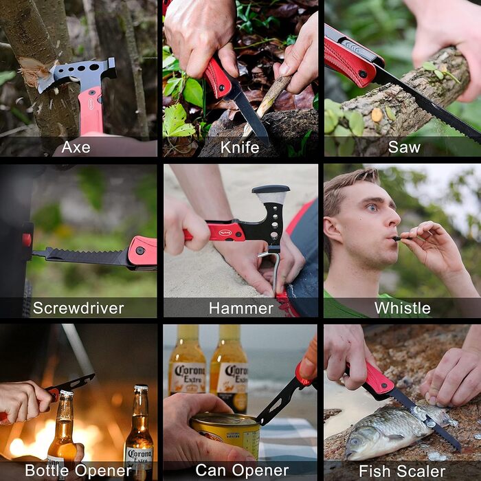 Camping Gear Multitool Axe Gifts: Multifunction Tool Axe Gifts for Men Dad Him, 14-in-1 Axe Hammer Knife Saw Bottle Opener Fire Starter Whistle for Camping Survival Hiking