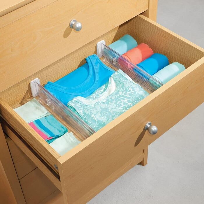 mDesign 8-Piece Adjustable Drawer Organizer – Practical Drawer Divider for Cabinet and Dresser – Flexible Plastic Compartmentalizer – Clear