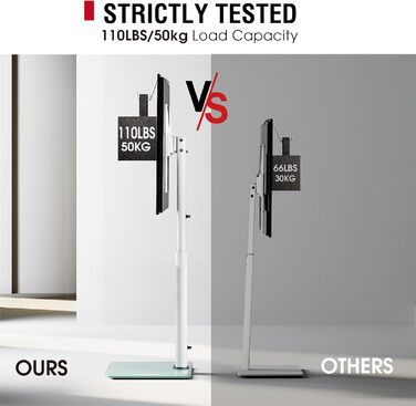 Регульований підлоговий кріплення для телевізора 100-190 см (43-75 дюймів), 10-ступеневе регулювання висоти кутів, підставка для телевізора для вітальні/спальні, підтримує до 50 кг, max. VESA (Білий/Опудаловий сад)