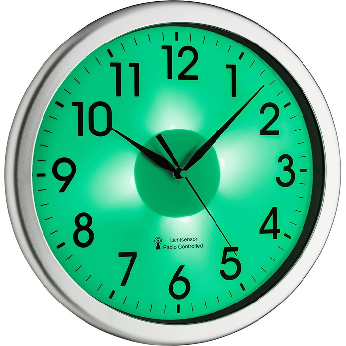 TFA Dostmann Analog Radio Wall Clock, 60.3519.02, with green backlight, quiet movement, radio clock plastic, silver, L 308 x W 43 x H 308 mm