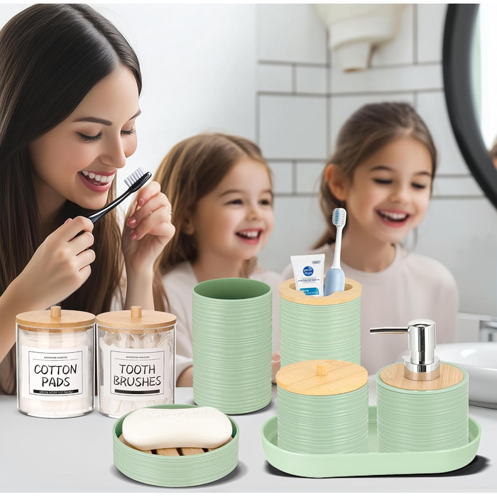 Набір для ванної кімнати IMAVO, 26 предметів: аксесуари для ванної, душова завіса, килимки, сміттєвий бак, піднос, дозатор мила, мильниця, тримач для зубних щіток, стакан для зубних щіток (зелений)