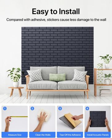 Самоклеючі акустичні панелі для шумоізоляції стін, звукопоглинаючі плити-цеглини високої щільності для декору та звукозахисту, 30x30x0.9 см, темно-сірі (12 шт)