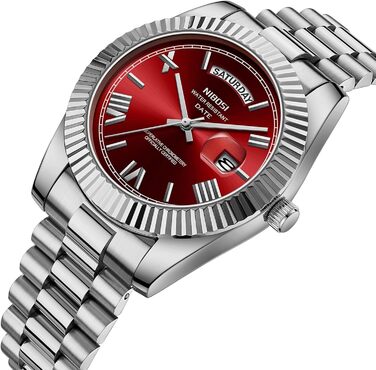 Годинник чоловічий NIBOSI - аналоговий кварцовий годинник з нержавіючої сталі. Водонепроникні бізнес-годинники для чоловіків з датою та індикатором дня тижня (срібно-червоний)
