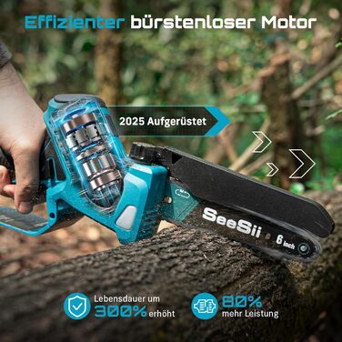 SEESII Безщіткова міні-бензопила 6 дюймів, акумуляторна ручна пила з 2 * 4000 mAh акумуляторами, одноручна пила з автоматичним змащуванням, сумісна з акумулятором Makita 18V, електрична пила для дерева, гілок 6 дюймів безщіткова