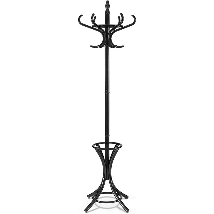 GIANTEX Coat Rack with Umbrella Stand, Clothes Rack Wood with 12 Clothes Hooks, Coat Tree Wood Freestanding, Standing Coat Rack for Entryway Living Room (white) (black)