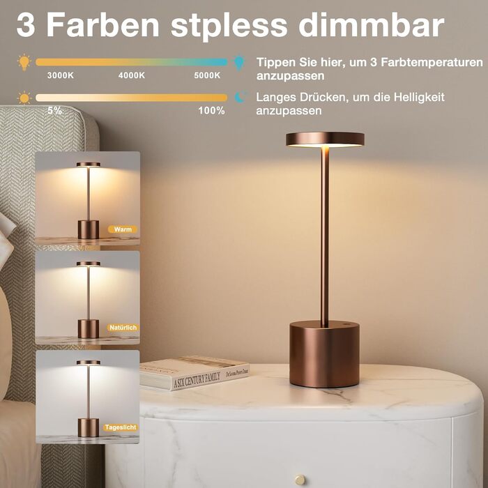 LED настільна лампа бездротова, акумуляторна, торшероподібна, сенсорна, диммування, 3 колірні температури, регулювання яскравості, для спальні, кафе, чорна, 1 шт. (кава)