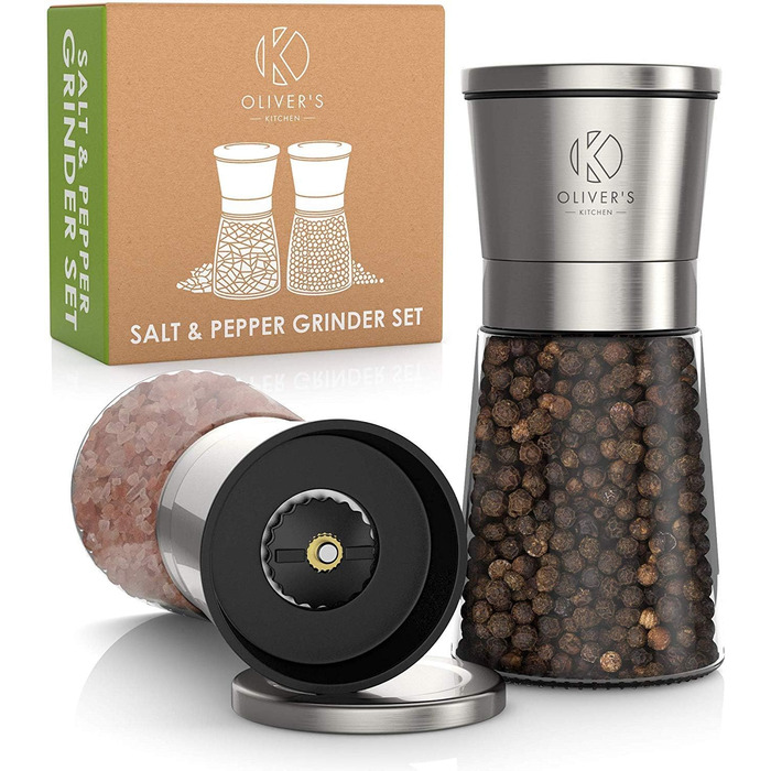 Набір з 2 шт. мельниць для солі та перцю Oliver's Kitchen® - преміум керамічні жорна, велика ємність, регульований ступінь помелу, ручний дозатор