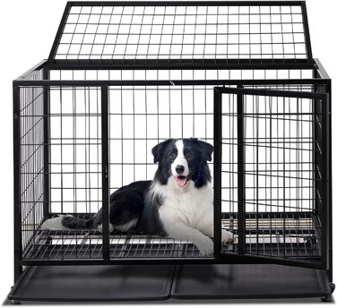 Міцна переносна клітка для собак, 109x76x87 см, 2 двері, фіксуючі колеса, знімний піддон – для середніх та великих собак, чорна