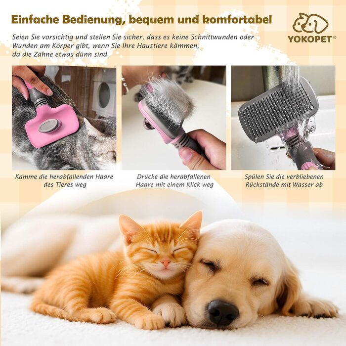 Щітка для собак та котів, видаляє підшерстя, самоочисна щітка для довгої та короткої шерсті, видаляє шерсть з одягу одним натисканням кнопки (рожева)