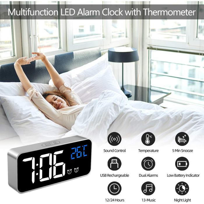 Цифровий годинник MOSUO з LED-дисплеєм, USB-зарядка, показник температури, голосове керування, 2 будильники, регулювання яскравості та гучності, срібний