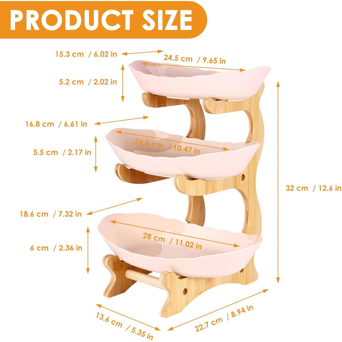 DEECOZY Трирівнева етажерка для фруктів та овочів з бамбуковим підставкою, пластикова фруктова миска, економія місця, для сім'ї, сучасний дизайн (Білий, Бежевий)
