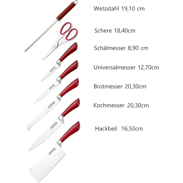 Професійний набір ножів з 8 предметів у бруску: якісні самозаточувані кухонні ножі з нержавіючої сталі, червоний колір