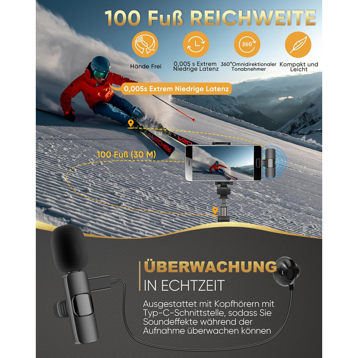 Беспроводной петличный микрофон XZ-K5 для iPhone/iPad/Android/Laptop с шумоподавлением (2 шт.)