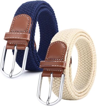 Жінський та чоловічий тканинний ремінь Flintronic, еластичний плетений ремінь, ширина 3.3 см, довжина 107 см (обхват талії 76-115 см), кольори: бежевий+синій