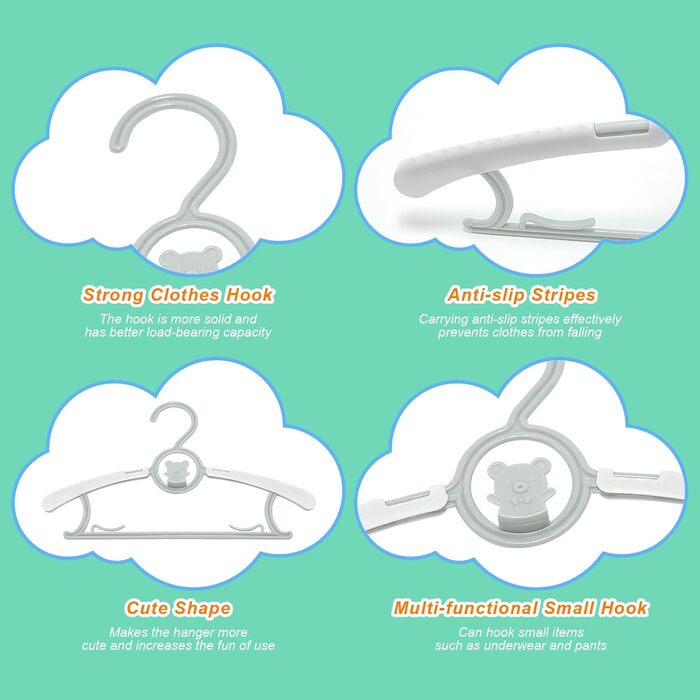 30 дитячих вішалок для одягу, регульовані, 28-36 см, з антиковзким покриттям та бантиками, для дітей, сірі
