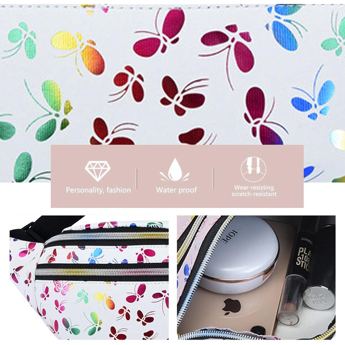 Металева поясна сумка AYNKH з регульованим ремінцем, три відділення, водонепроникна фанна-пак для відпочинку, спорту, подорожей (Білий метелик)