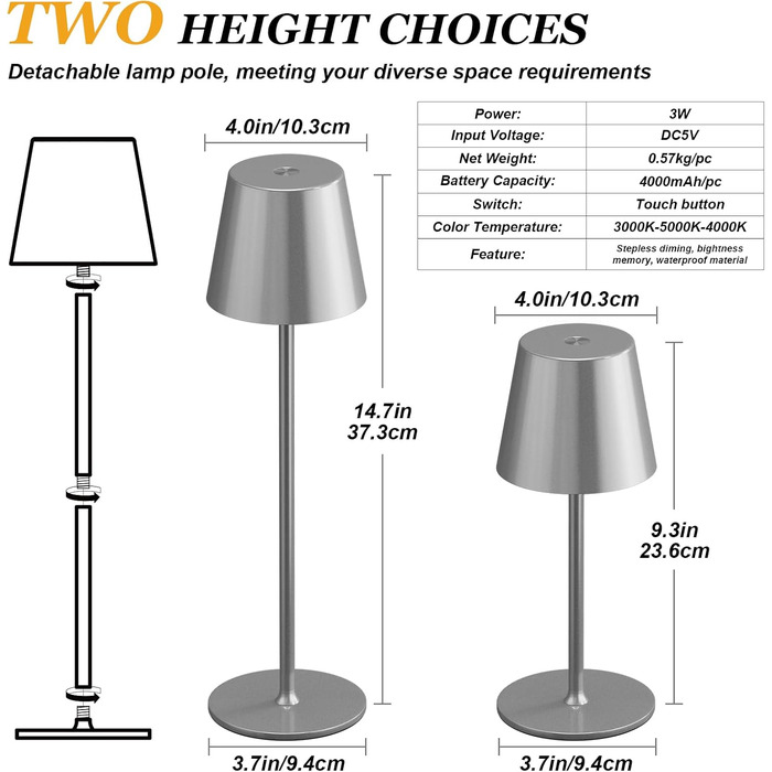 Набір з 2 бездротових настільних ламп LED з акумулятором, сенсорне регулювання яскравості, 3 режими кольору, USB-C зарядка для спальні, столу, кемпінгу (Чорний)