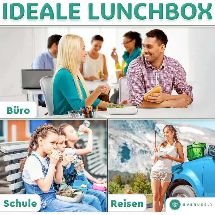 Бенто-бокс Everusely 0,8 л з нержавіючої сталі з контейнером для спецій - ланчбокс з 3 відділеннями (зелений)