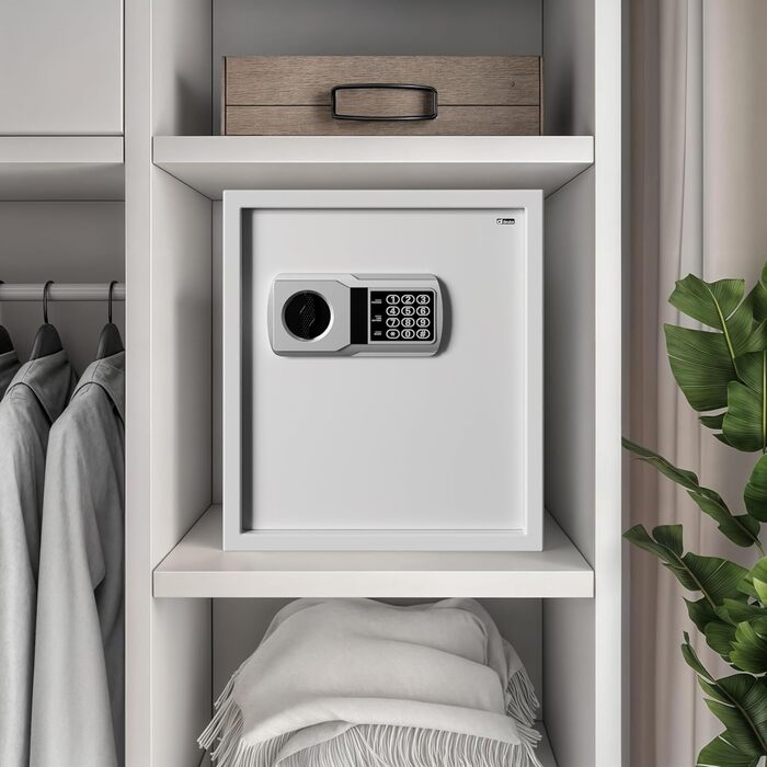 DEUBA® XXL електричний сейф 35x40x40 см, 4 мм, з подвійними сталевими болтами, внутрішнім освітленням, монтажним комплектом. Сейф для документів, меблевий сейф, срібний