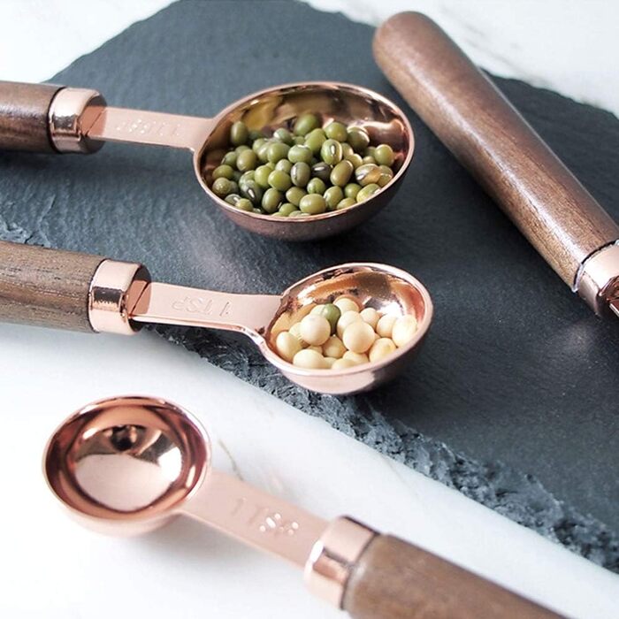 Ldawy Measuring Spoons Measuring Cups Stainless Steel Measuring Spoons 4-Piece Precision Kitchen Measuring Tool with Walnut Handle for Baking (Rose Gold)