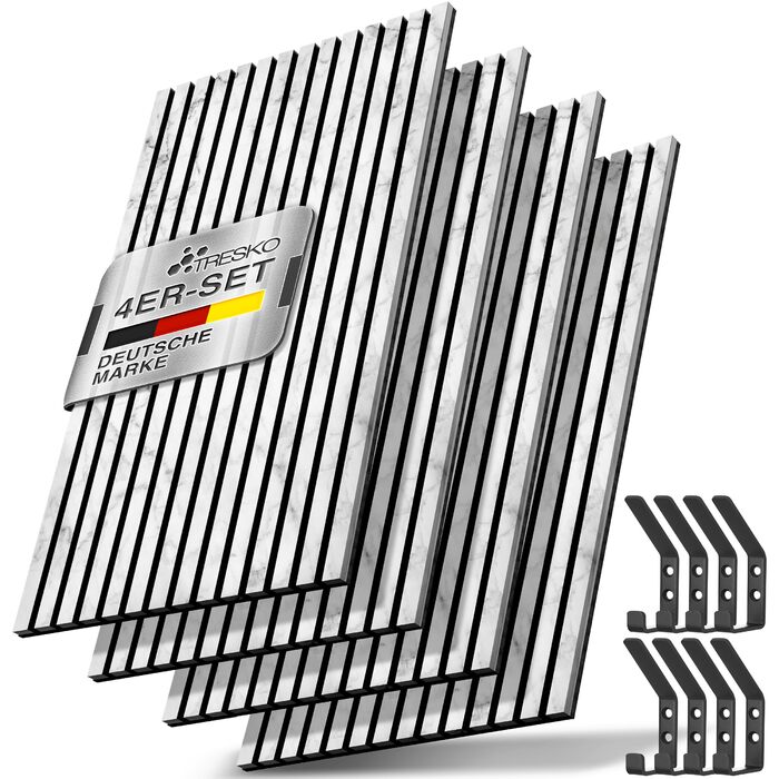 Акустичні настінні панелі TRESKO з дерева 120×60x2,1 см, 3D ламелі для шумоізоляції з вішаками для одягу, білий мармур (4 шт.)