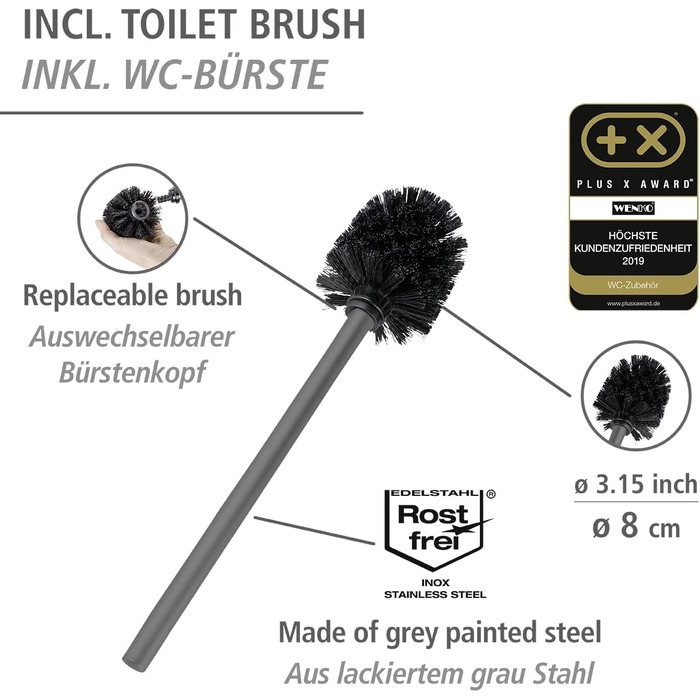 WENKO Stand WC-Garnitur Rivalta, freestanding toilet set with toilet brush, toilet paper and spare roll holder, matt lacquered steel, safety glass splash plate, 18 x 70 x 23 cm, Grey Grey/Black/Black