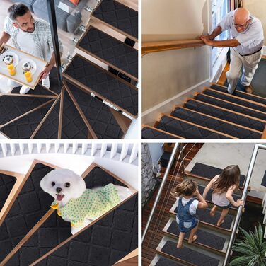 Килимки на сходи YISUN 15 шт., самоклейні, антиковзні, 20x65 см (Сірий/Чорний), для дітей, літніх людей та собак, для внутрішнього та зовнішнього використання