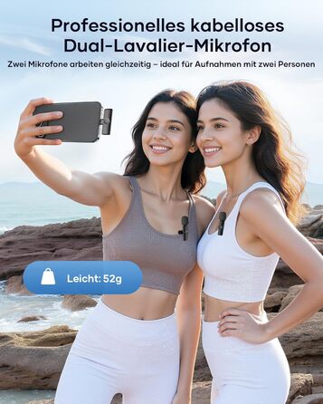 Беспроводной петличный микрофон 2 шт. для iPhone, iPad, Android, YouTube, TikTok, с шумоподавлением, Plug & Play, для видео, подкастов, черный