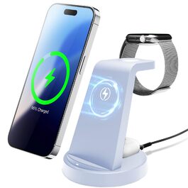 Бездротова зарядна станція 3-в-1 15W для iPhone 17 Pro Max Plus/16/15/14/13, Apple Watch Ultra 3/10/9/8/SE, AirPods Pro 4/3/2 - Рожева/Синя, складана