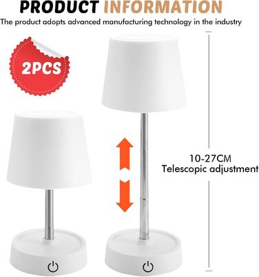 LED Настільна лампа акумуляторна 2 шт. USB зарядка, телескопічна, бездротова, тепле біле світло, сенсорна, для спальні, вітальні, тумбочки